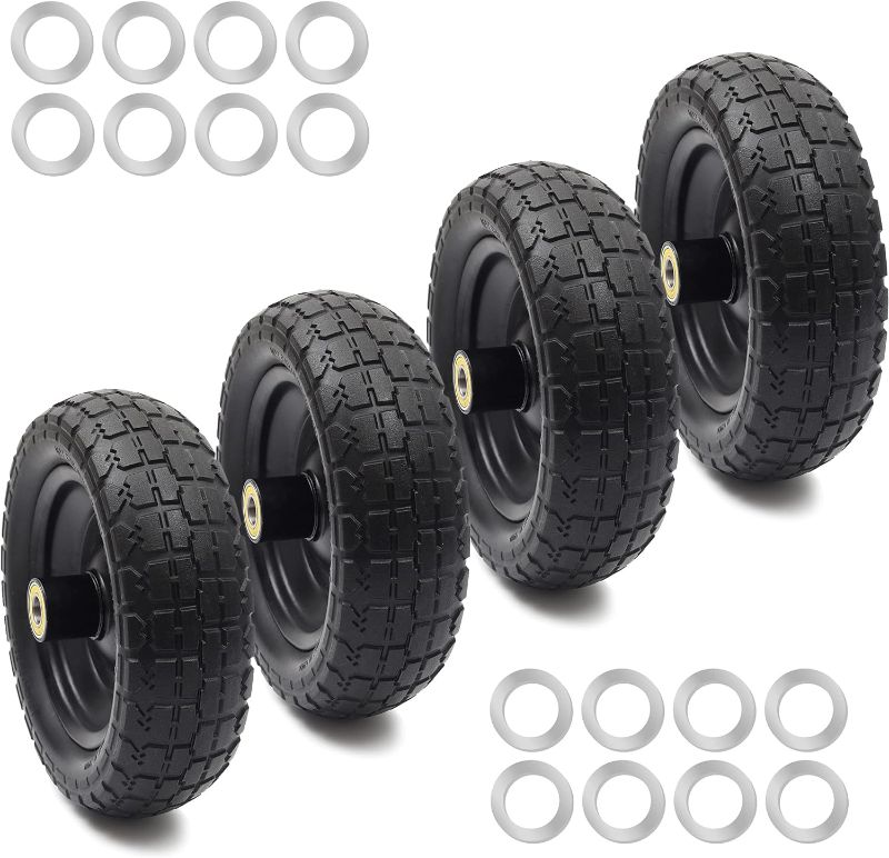 Photo 1 of (4-Pack) Replacement Wheels 10 inch Flat Free Tire - Solid Flat-Free Tire and Wheel - 3" Wide Tires with 5/8 Axle Borehole and 2.1" Hub - Compatible with Garden Cart, Yard Cart and Farm Cart
