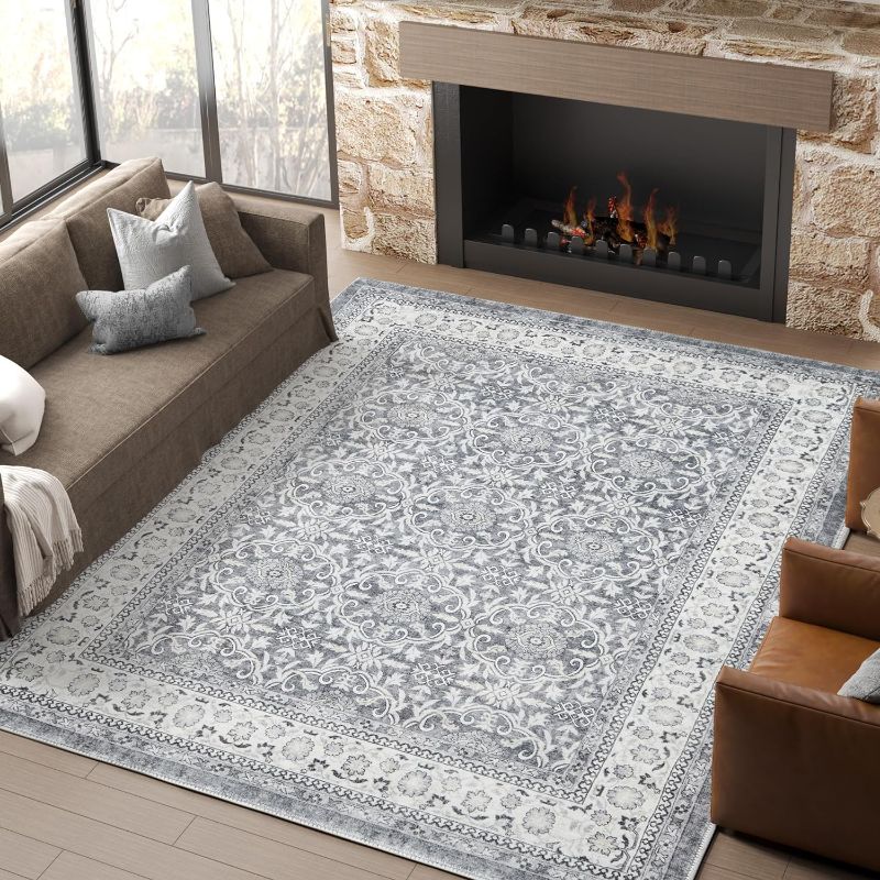 Photo 1 of jinchan Washable Area Rug 8x10 Low Pile Living Room Rug Soft Rug Vintage Grey Floral Print Stain Resistant Ultra-Thin Non-Slip Large Rug Indoor Distressed Boho Carpet Bedroom Dining Room Farmhouse
