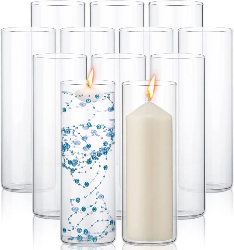 Photo 1 of 12 Pack Glass Clear Cylinder Vases Tall Floating Candle Holders Centerpiece Table Vases for Home Wedding Decorations Formal Dinners (10 x 3.35 Inch)
