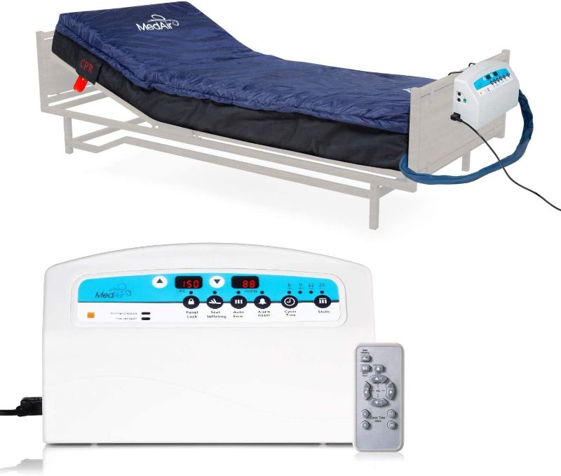 Photo 1 of Medical MedAir Low Air Loss Mattress Replacement System with Alarm, 8" with Quilted Cover Fully Digital with Remote Control, Firm Option, Blue Color.
