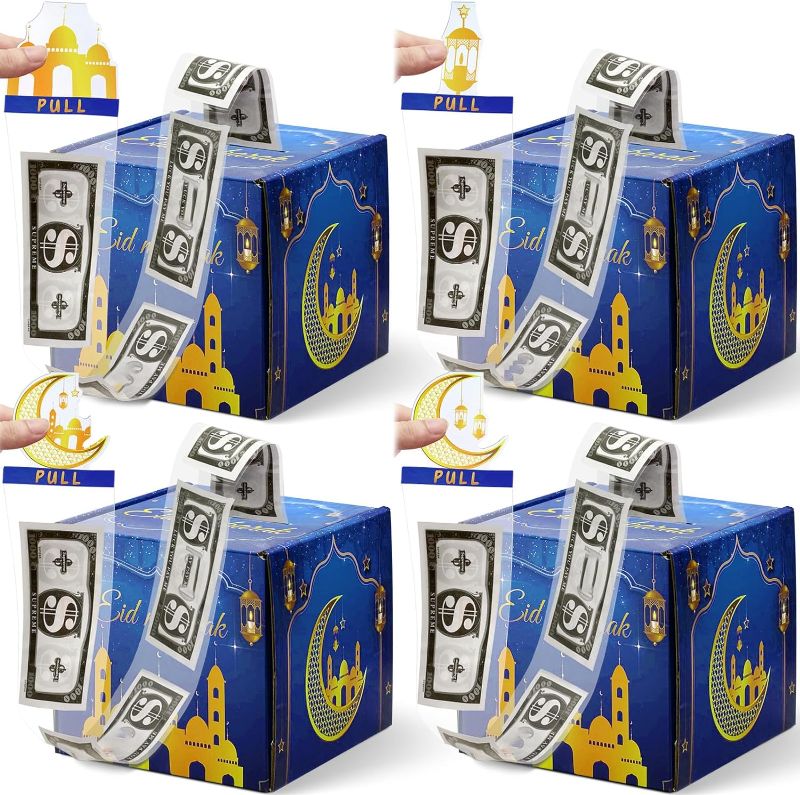 Photo 1 of 4 Pack Eid Mubarak Money Box for Cash Gift Pull,Ramadan Money Gift Boxes for Cash with Pull Out Card DIY Set Ramadan Surprise Gift for Eid Celebrations Decors
