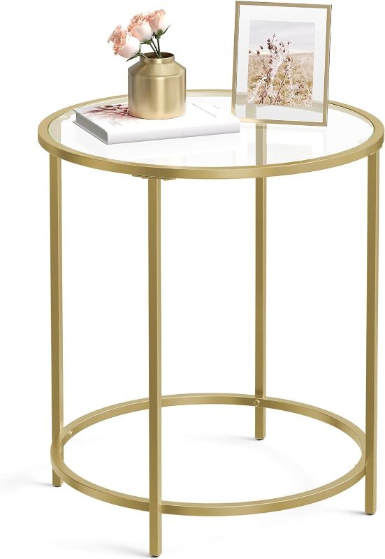 Photo 1 of VASAGLE Round Side Table, Glass End Table with Metal Frame, Gold Coffee Table with Modern Style, for Living Room, Balcony, Bedroom, Gold Color
