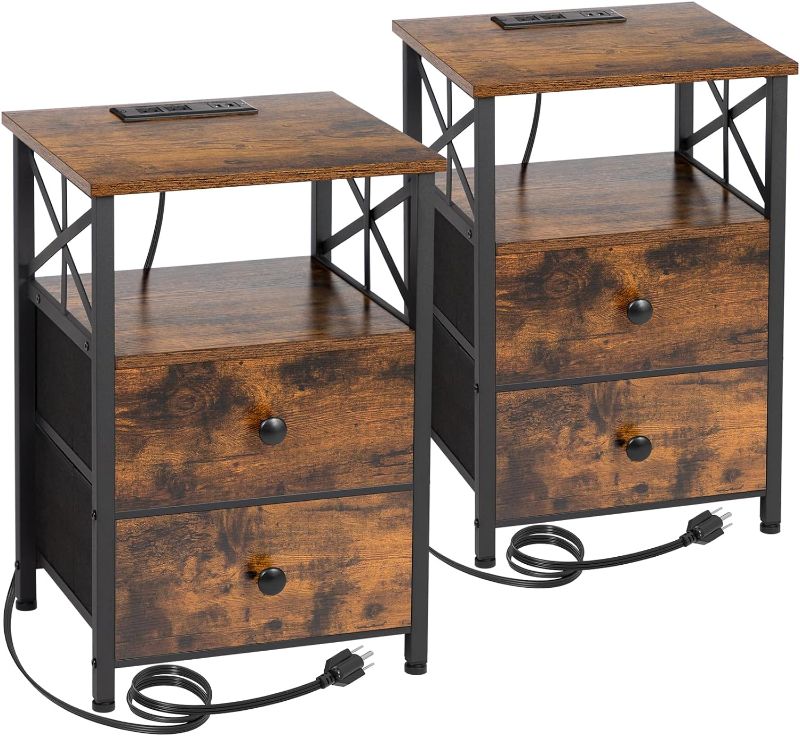 Photo 1 of AMHANCIBLE Night Stand Set 2, Nightstand with Charging Station, End Tables Living Room with USB Ports and Outlets, Bedside Tables with Fabric Drawers for Bedroom, Rustic Brown HET05XBR
