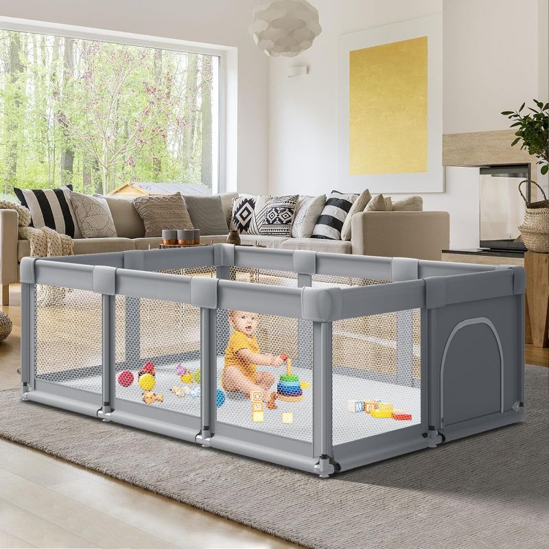 Photo 1 of Fshibila 74" ×50" Large Baby Playpen, Baby Playard for Babies and Toddlers, Baby Fence Play Pens for Indoor & Outdoor, Sturdy Safety Play Yard with Soft Breathable Mesh, Anti-Fall, Grey

