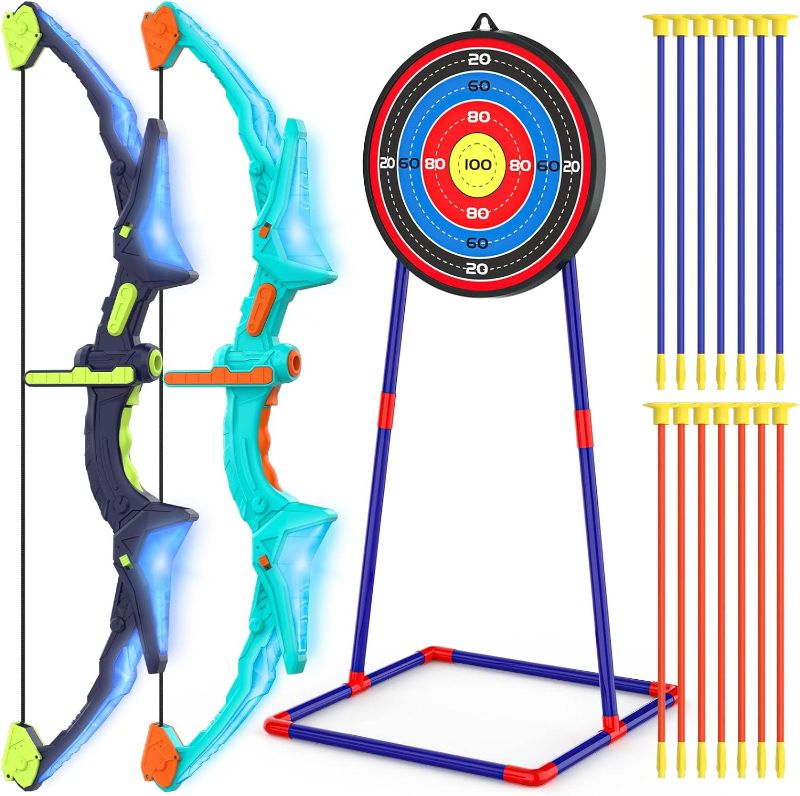 Photo 1 of 2 Pack Bow and Arrow Set for Kids, Light Up Archery Set with 14 Suction Cup Arrows, Archery Targets Outdoor Games for Kids Ages 4-8 8-12, Birthday Gifts Toys for 5 6 7 8 9 10 11 12 Year Old Boys Girls
