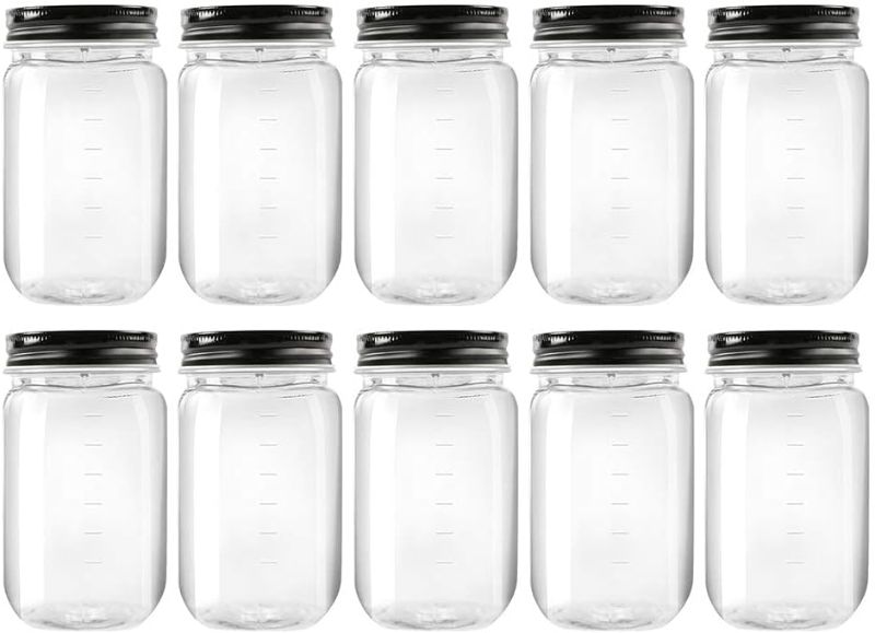 Photo 1 of novelinks 16 Ounce Clear Plastic Jars with Black Lids - Refillable Round Clear Containers Clear Jars Storage Containers for Kitchen & Household Storage - BPA Free (10 Pack)
