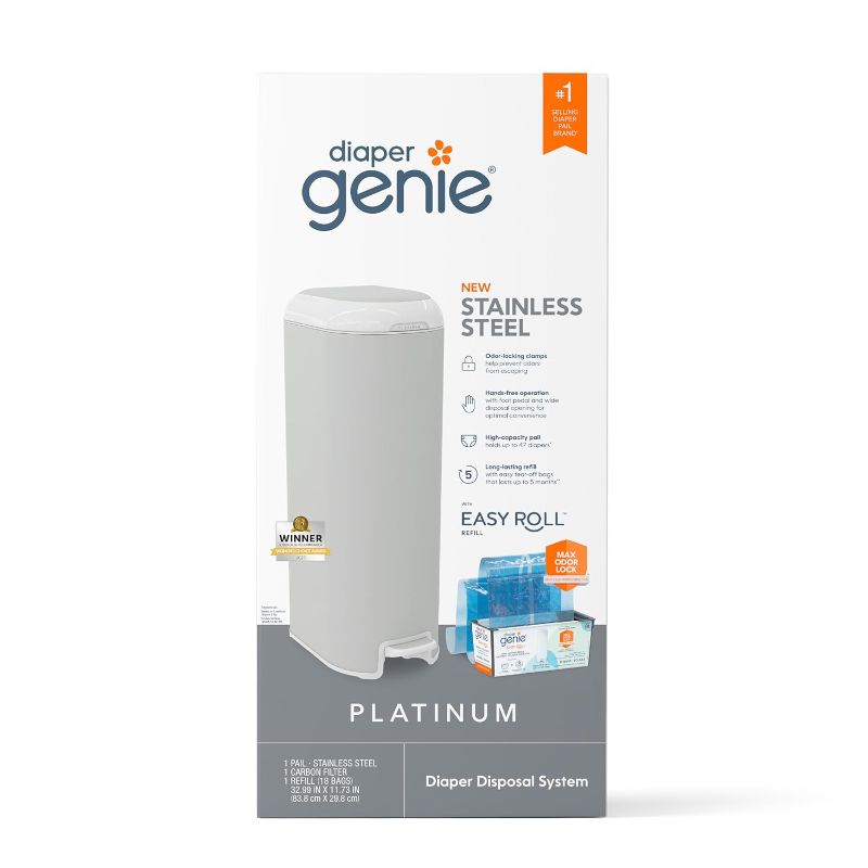 Photo 1 of Diaper Genie Platinum Pail (Stone Grey) is Made in Durable Stainless Steel and Includes 1 Easy Roll Refill with 18 Bags That can Last up to 5 Months.