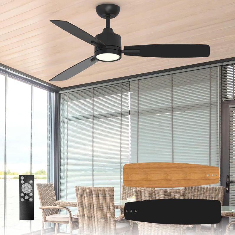 Photo 1 of TALOYA 52 Inch Ceiling Fan with Light Led Remote Control Flush Mount for Living Room Bedroom Outdoor Farmhouse Patio Kitchen Dining Room,DC Motor,Reversible,3 Color Temperatures,Black,Oak
