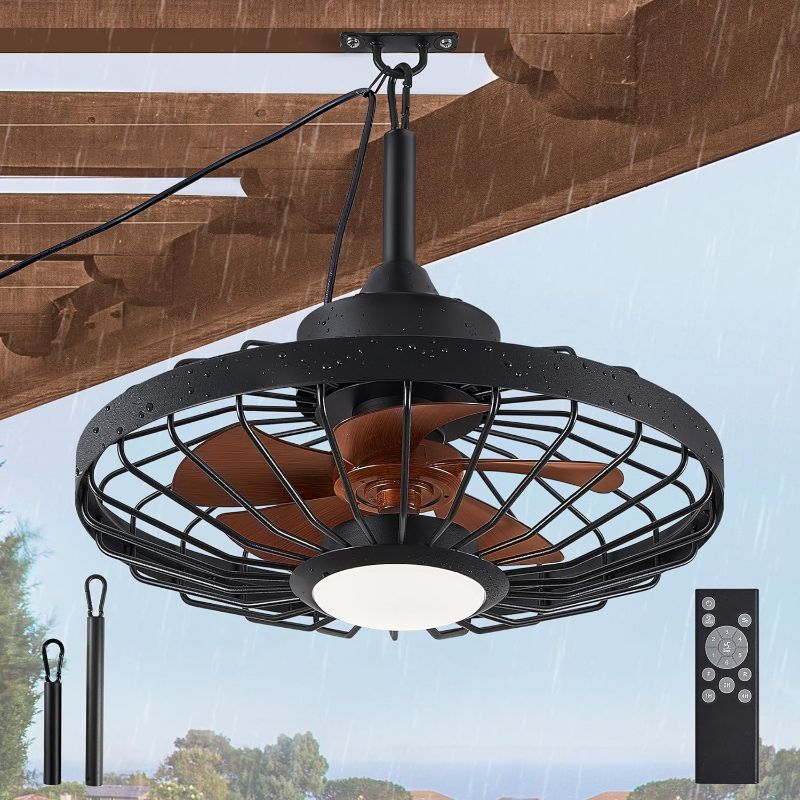 Photo 1 of LEDIARY 20" Outdoor Ceiling Fans with Lights and Remote Control, Waterproof Caged Ceiling Fan with 3 Color LED Light,Portable Hanging Gazebo Fan with Plug in Cord Hook for Patios, Walnut