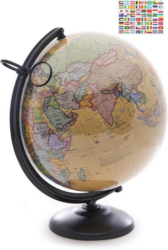 Photo 1 of 12 Inch World Globe with Metal Stand and Magnifying Glass | Perfect Desk or Classroom Globe for Adults and Children | 2023 Edition | A Handmade Product
