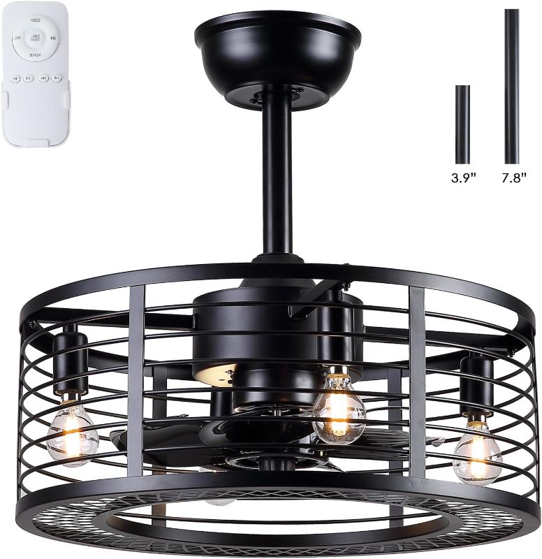 Photo 1 of Dannilong Black Caged Ceiling Fans with Lights, Indoor Outdoor Fandeliers Ceiling Fan with Remote, Modern Industrial Small Enclosed Bladeless Ceiling Fan for Bedroom Kitchen Dining Room, Black