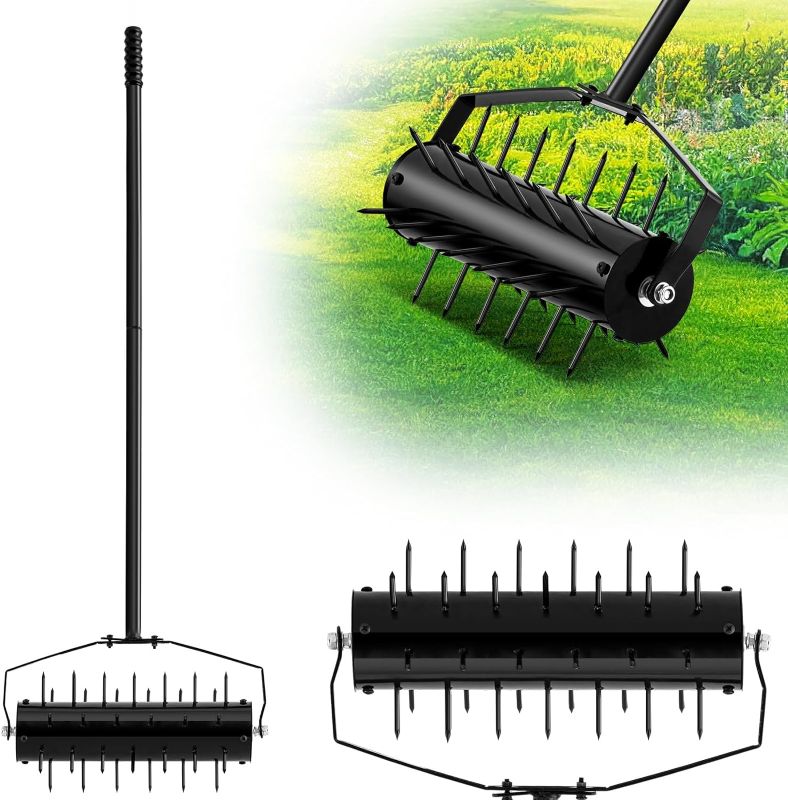 Photo 1 of Gisafai 17 Inch Rolling Lawn Aerator, Lawn Aerator Tool with 57 Inches Handle and Tine Spikes, Heavy Duty Spike Soil Aeration Tool, Lawn Aerator for Garden Yard
