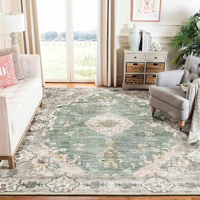 Photo 1 of MUJOO Green Rug 6'x9' Area Rugs for Living Room Washable Rugs Large Boho Carpet for Bedroom Dining Room Neutral Vintage Farmhouse Abstract Non Slip Soft Low-Pile Floral Flowers