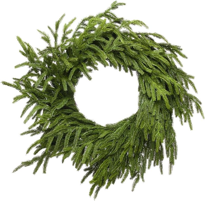 Photo 1 of Somikis 24 Inch Green Wreaths for Front Door Real Touch Norfolk Pine Wreath for Spring Summer Indoor&Outdoor Porch Windows Wall Home Decor, Realistic Wreath for All Seasons
