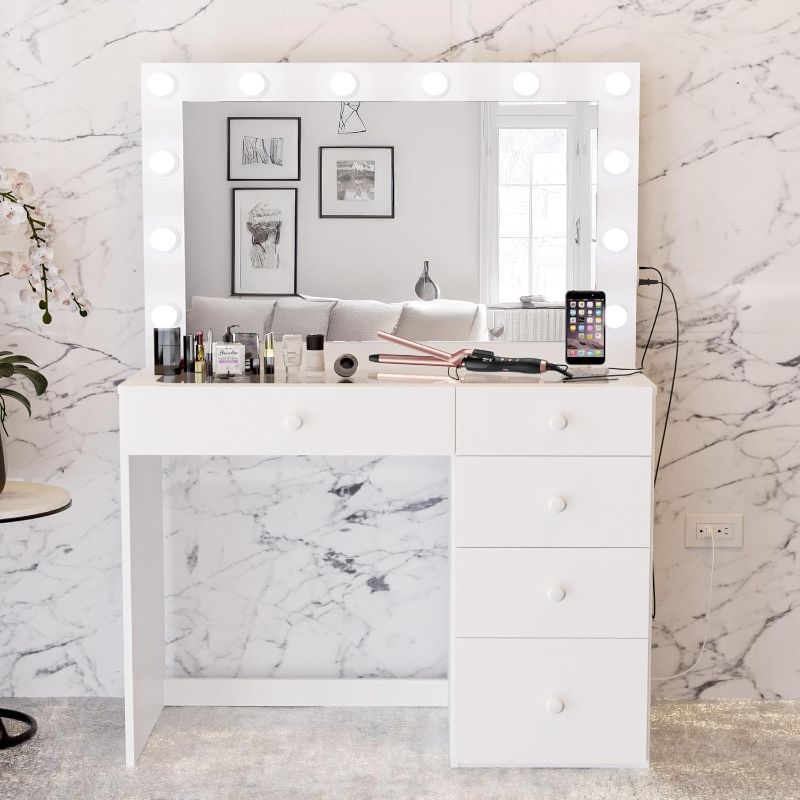 Photo 1 of -FACTORY SEALED- Boahaus Alana White Makeup Vanity Desk with Mirror and Lights, Basic Knobs, 5 Drawers for Ample Storage, Glass Top, Elegant White Dressing Table with Mirror for Bedroom
