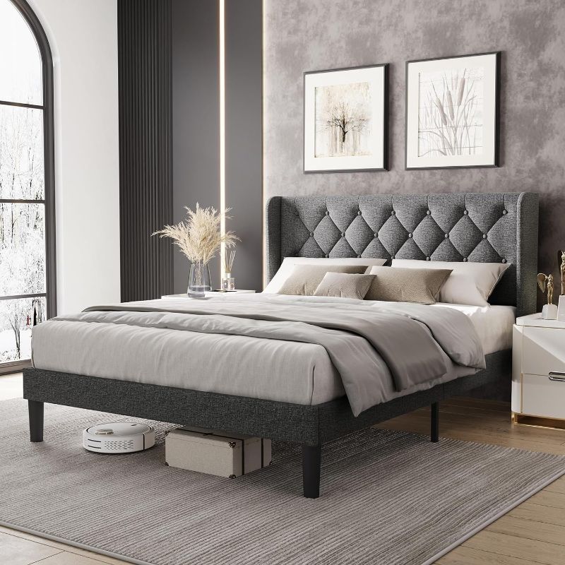 Photo 1 of LINSY Queen Bed Frame with Headboard, Linen Upholstered Bed Frame with Solid Wooden Slats Support, Heavy Duty Platform Bed Queen Size, NO Box Spring Needed, Noise-Free, Dark Grey
