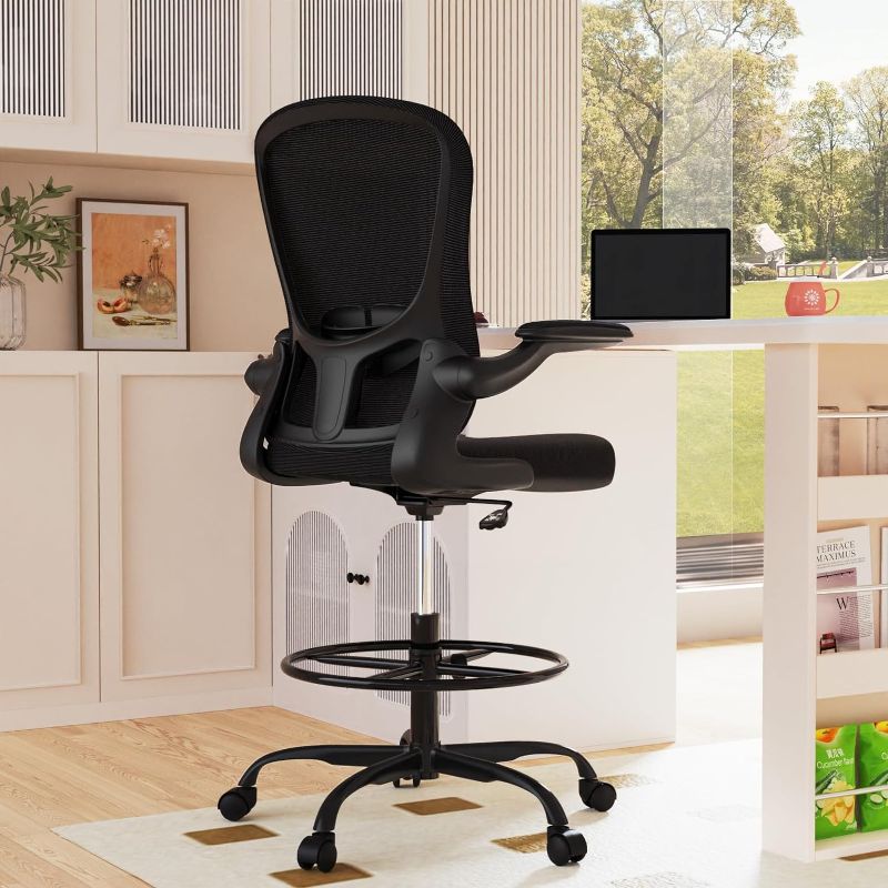 Photo 1 of Drafting Chair, Tall Office Chair with Flip-up Armrests Executive Ergonomic Computer Standing Desk Chair, Office Drafting Chair with Lumbar Support and Adjustable Footrest Ring
