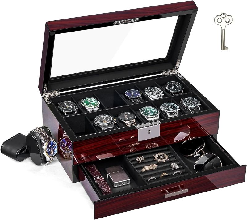 Photo 1 of ANWBROAD 12 Watch Case Watch Box for Men with Large Glass Lid Jewelry Box with Watch Storage 2-Tier Watch Holder organizer Lockable Watch Display Case UJWB001Y
