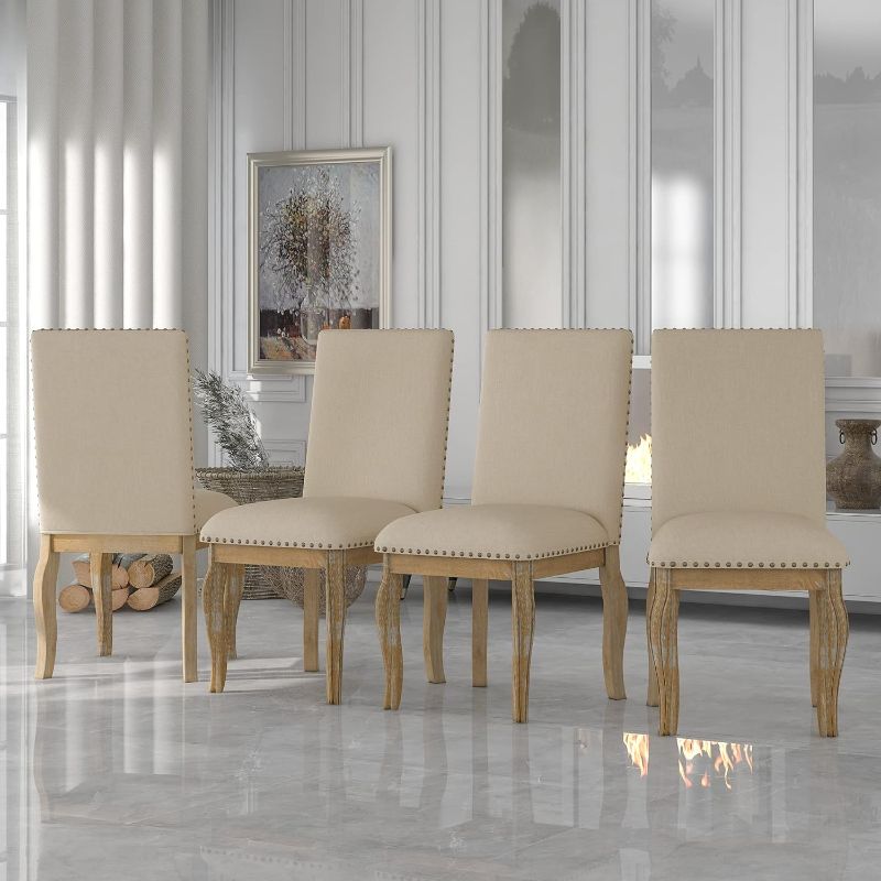 Photo 1 of POCIYIHOME Set of 4 Nailhead, Upholstered Fabric Legs, Modern Chairs with Wingback and Button Tufting for Indoor Dining, Restaurant, Kitchen (Natural Wood Wash)
