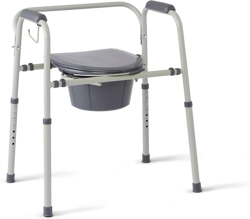 Photo 1 of Medline 3-in-1 Steel Adjustable Bedside Commode w/ Microban Protection, Portable Bedside Toilet, 350 lb. Weight Capacity, Removable 7.5 QT. Bucket, Toilet Chair For Elderly, Tool-Free Assembly, Gray
