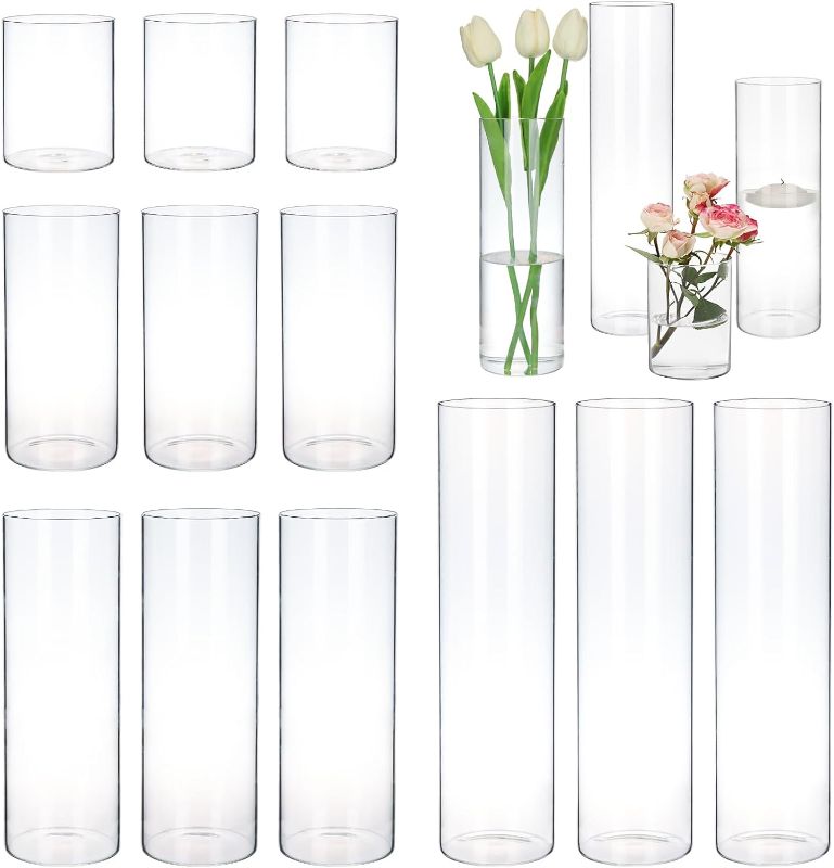 Photo 1 of CEWOR 12pcs Glass Cylinder Vase 4, 6.8, 9, 12 Inch Glass Candle Holder Clear Vases for Centerpieces Tall Flower Vase for Wedding Home Decor Party 4 Different Sizes
