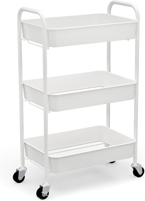 Photo 1 of CAXXA 3-Tier Rolling Metal Storage Organizer - Mobile Utility Cart Kitchen Cart with Caster Wheels, White
