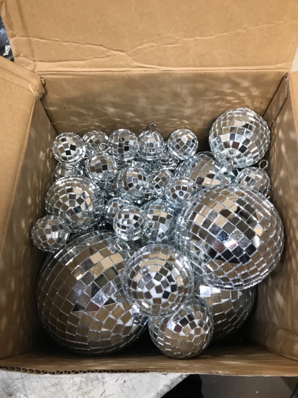 Photo 2 of 50 Pcs Disco Balls Ornaments Mini Disco Balls Silver Hanging Decorations Reflective Mirror Ball Cake Decoration 70s Disco Party Supplies for Christmas Festive (1.2 Inch, 2 Inch, 3.2 Inch, 4 Inch)