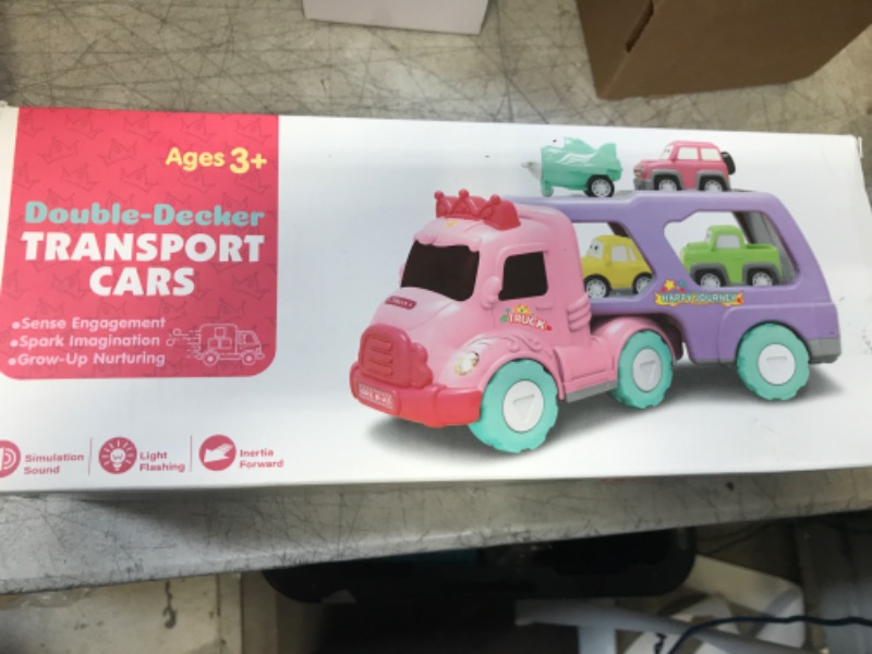 Photo 2 of LASCOTON Toys for 1 2 3 Year Old Girl, 5-in-1 Carrier Truck, Toddler Girl Toys, Friction Power Toy Cars with Light & Sound, 1 2 3 Year Old Girl Gifts Birthday for Baby Girl Toys Pink Toys for Girls