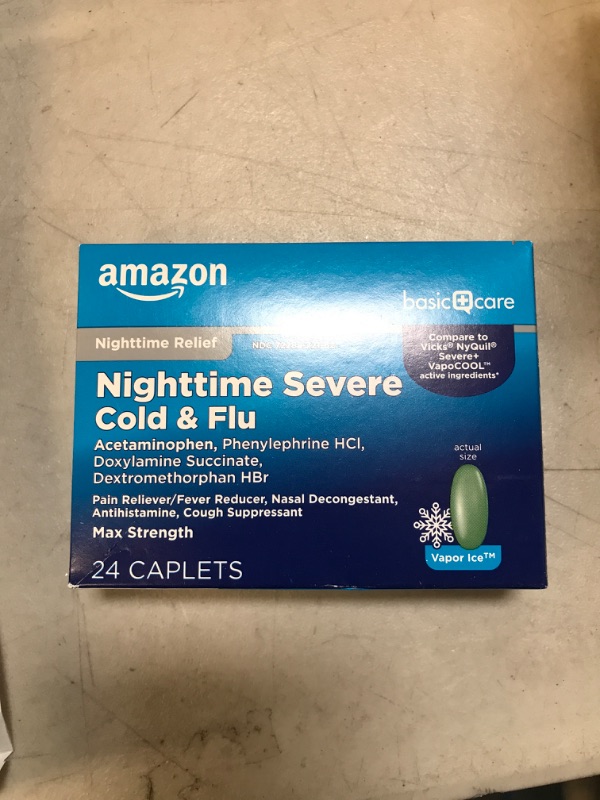 Photo 2 of Amazon Basic Care Nighttime Severe Cold and Flu Coated Caplets, Temporarily Relieves Symptoms Like Runny Nose and Sneezing, Vapor Ice, 24 Count