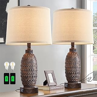 Photo 1 of AIEAMPDO Set of 2 Rustic Touch Table Lamps for Bedroom, Dual USB Charging Ports with 3-Way Dimmable Nightstand Desk Lamps, Linen Fabric Shade, Lamps for Living Room, Included LED Bulbs (Bronze)
