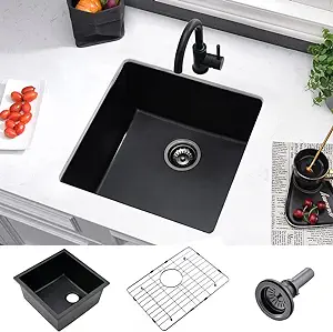 Photo 1 of 21 Inch White Undermount Bar Sink - VASOYO 21"x19" BLACK Kitchen Sink Undermount Wet Bar Prep Kitchen Sink Dual Mount Granite Kitchen Sink Single Bowl Bar Sinks 21"x19"x10" White-Undermount