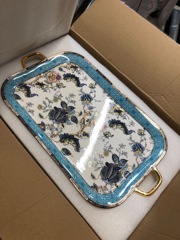 Photo 1 of ACMLIFE Porcelain Serving Tray, 21 inches Decorative Tray Tea Tray with Handles, Blue Fine Ceramic Decorative Serving Tray Platter with Golden Rim for Tea Sets, Living Room, Gift