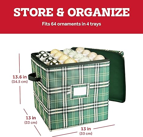 Photo 1 of ZOBER Christmas Ornament Storage Box - 13.58x13x13 Inch Container for Up to 3-Inch Ornaments and Decoration w/Organizer Dividers - Holds up to 64 Ornaments - Green
