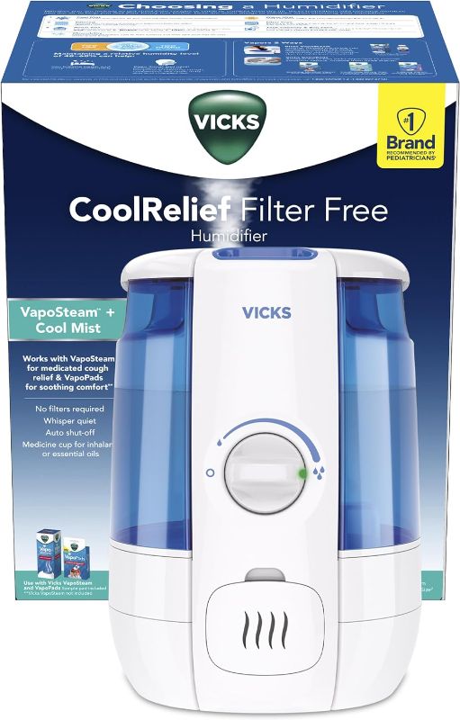 Photo 1 of Vicks Filter-Free CoolRelief Cool Mist Ultrasonic Humidifier, Medium Room, 1.2 Gallon Tank – Visible, Medicated for Baby, Kids and Adults, Works With Vicks VapoPads and VapoSteam