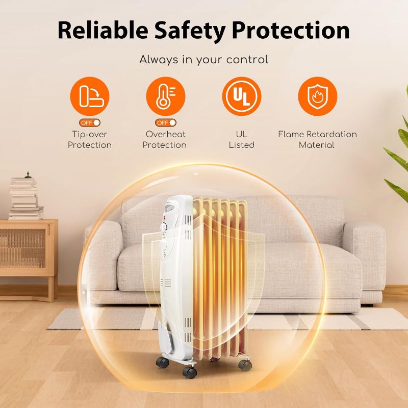 Photo 1 of Aigostar 1500W Oil Heater 7-Fin Safe Heat, 3 Heat Setting Space Heater Adjustable Thermostat, Overheat & Tip-Over Protection, Heat Up 250 Square Feet, Quiet Oil Filled Radiator Heater for Indoor Use