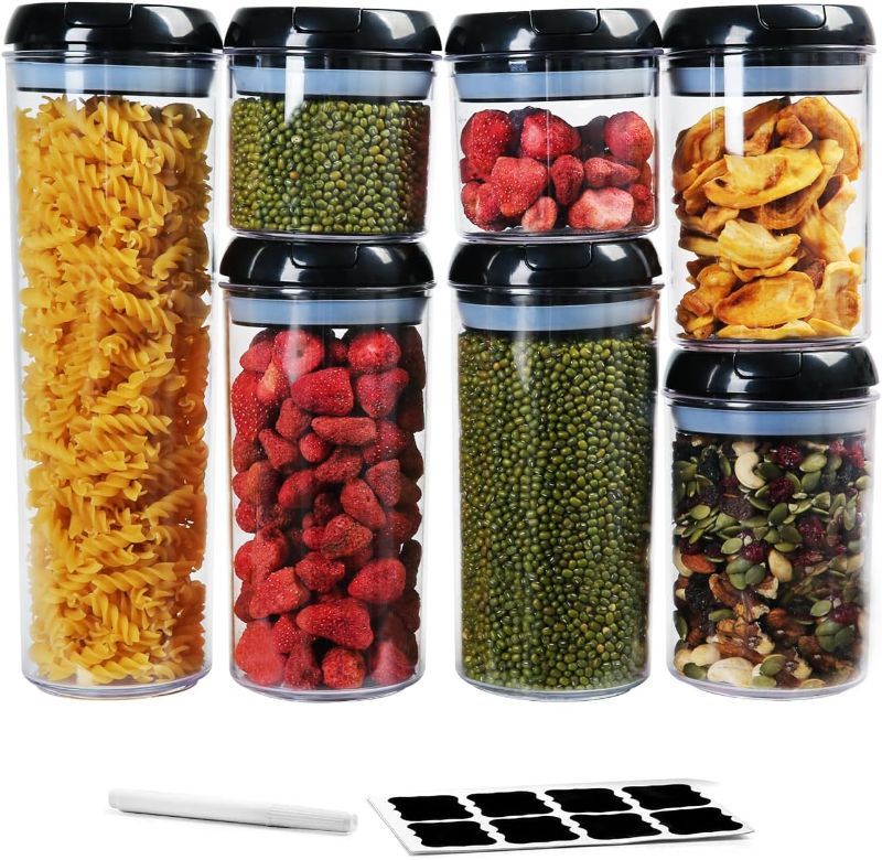 Photo 1 of Airtight Food Storage Container Set, 7Pcs Kitchen & Pantry Organization Containers, BPA Free Clear Plastic Canisters for Cereal, Sugar & Dry Food with Easy Lock Lid, Include 9 Labels, Rround