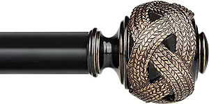 Photo 1 of 1 Inch Curtain Rod for Windows, 36 to 72 Inches (3-6 ft) Telescoping Single Drapery Rod Set with Woven Leaf Pattern Finials, Black
