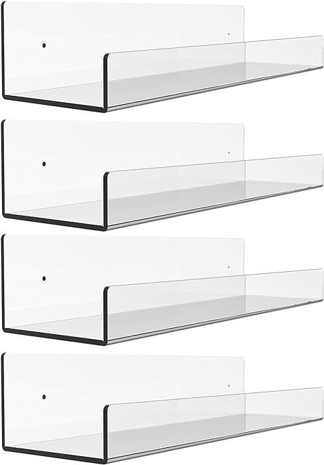 Photo 1 of 4 Pack Clear Acrylic Wall Ledge Shelf,15" Invisible Wall Mounted Nursery Floating Bookshelf for Kids Room,U Modern Picture Display Toy Storage Shelf,Clear
