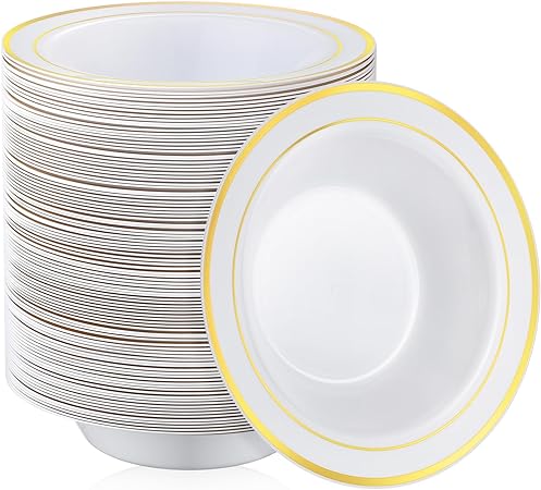 Photo 1 of Tanlade 100 Pcs Plastic Bowls with Gold Rim 12 oz Disposable Soup Bowls Elegant Party Dessert Bowls Disposable Dinnerware Fancy Shatterproof Tableware for Serving Food, Wedding, Holidays (White)
