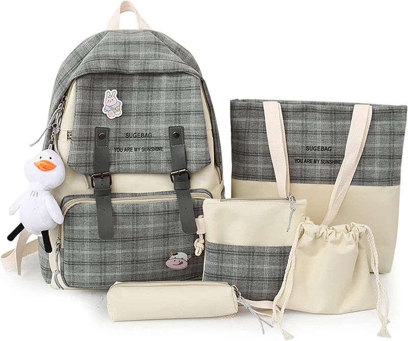 Photo 1 of DAHUOJI 5Pcs Kawaii Backpack Set with Badge & Duck Pendant,Japanese Aesthetic Check Bookbag for Girls Cute Plaid School Bags Comes with Tote Bag,Shoulder Bag,Pencil Box,Small Bag(Black,16in)
