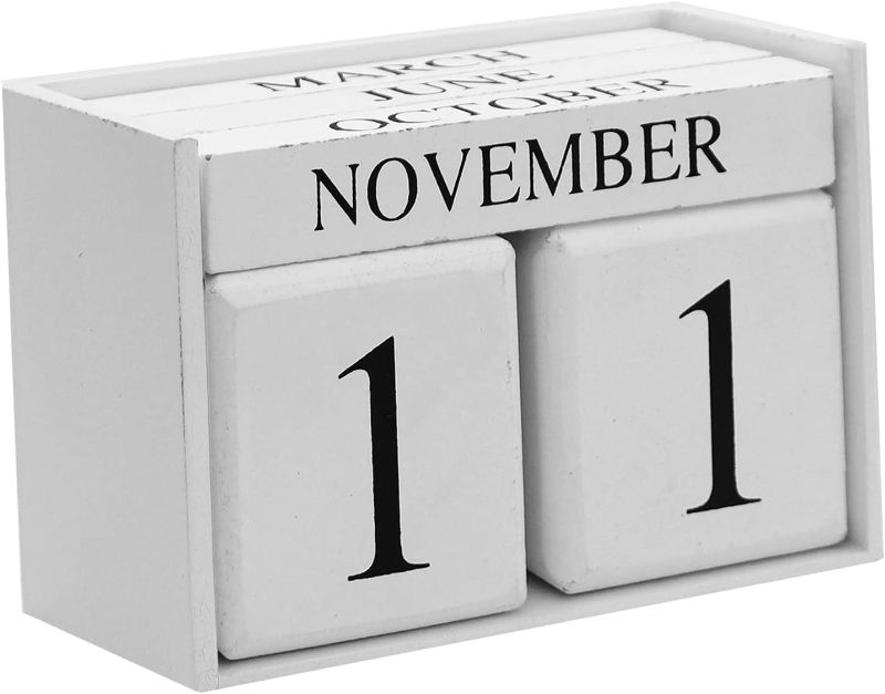 Photo 1 of MICKYU Desk Calendar 2023-2024, Large Wooden Block Calendar Month Date Display, Farmhouse Classroom Office Decor (White)
