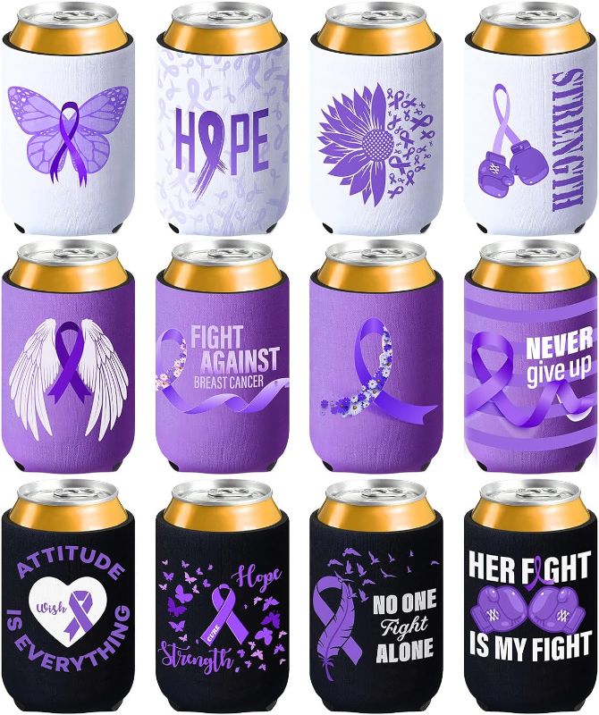 Photo 1 of 12 Pcs Breast Cancer Awareness Can Cooler Sleeves Ribbon Beer Coolies Cover Breast Cancer Beverages Soda Bottle Insulated Neoprene Can Sleeve Present for Breast Cancer Awareness Party (Purple)
