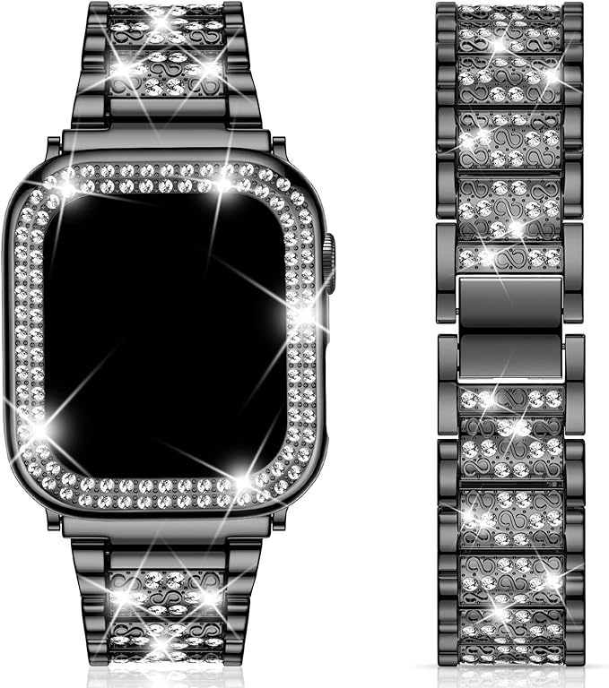 Photo 1 of DABAOZA Compatible for Bling Apple Watch Band with Bumper Case, Full Diamond Women Jewelry Rhinestone Sparkle Stainless Metal Strap Band for iWatch Series 9 8 7 6 5 4 3 2 1 SE Ultra 2/1