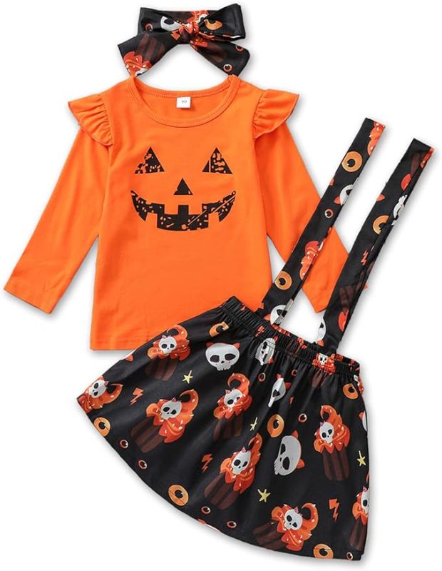 Photo 1 of DOOLECK Toddler Baby Girl Halloween Outfit Ruffle Shirt Pumpkins Suspender Skirt Headband 3Pcs Halloween 
