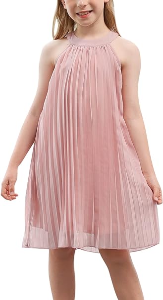 Photo 1 of GORLYA Flower Girls Halter Neck Cold Shoulder Chiffon Pleated Shift Swing Dress for 12Y
