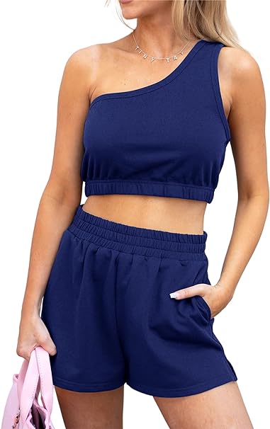 Photo 1 of Chang Yun Two Piece Outfits For Women Sleeveless One Shoulder High Waisted Pockets Summer Jumpsuits Lounge Sets
