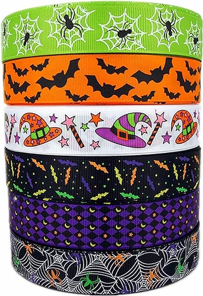 Photo 1 of 30 Yards (6 X 5 Yards) Halloween Bats Spiders Web Pattern Printed 1 Inch Grosgrain Ribbon
