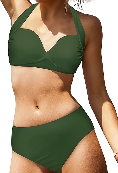 Photo 1 of HolaDream Women's Halter Bikini Sets Two Piece Swimsuit Solid Color Sexy Push Up V Neck High Waisted Bathing Suit Swimwear XL
