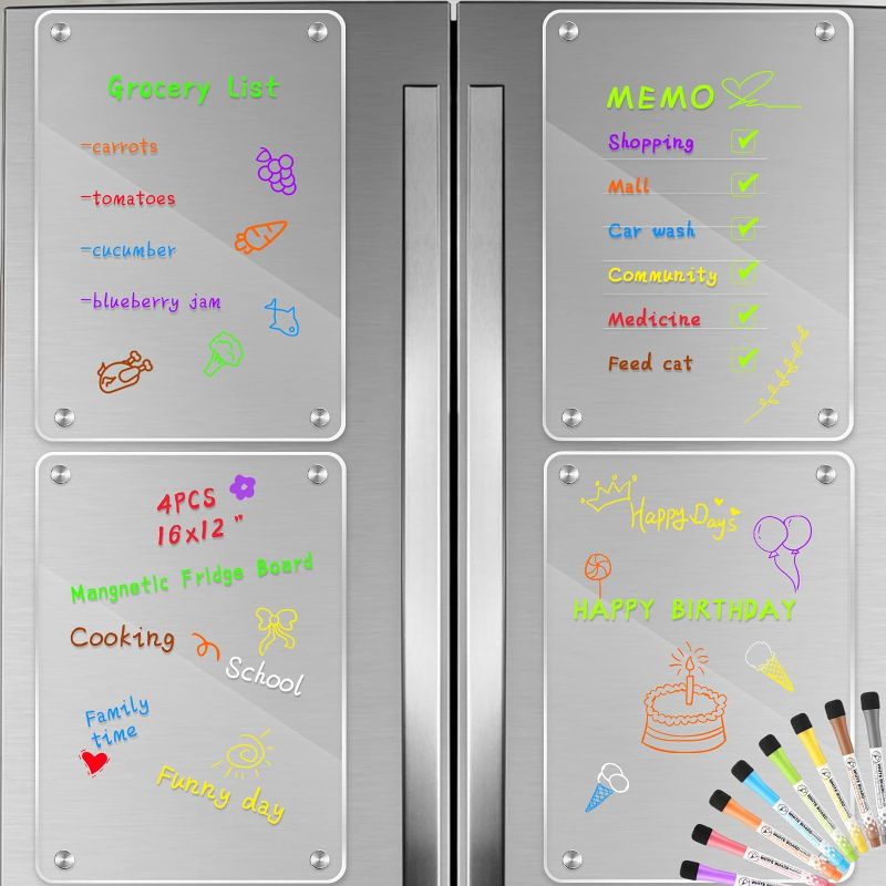 Photo 1 of 4 Pcs Clear Acrylic Dry Erase Board for Fridge Magnetic Note Board Clear Calendar Board Blank Planner Board Includes 8 Colors Dry Erase Markers (16 x 12 Inch)
