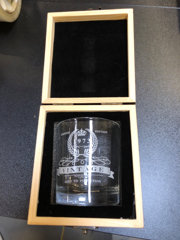 Photo 2 of 50th Birthday Gifts for Men, 1973 Whiskey Glass in Valued Wooden Box, Vintage Anniversary Etched 12oz Whiskey Rocks Glass for Dad, Husband, Friend, 50th Birthday Decorations for Men